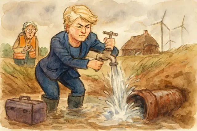 Karikatur zum Stück: Schwesigs beste Idee: Sonderinvestitionsprogramm für kommunale Wasser- und Wärmeinfrastruktur per Kabinettsbeschluss durchsetzen